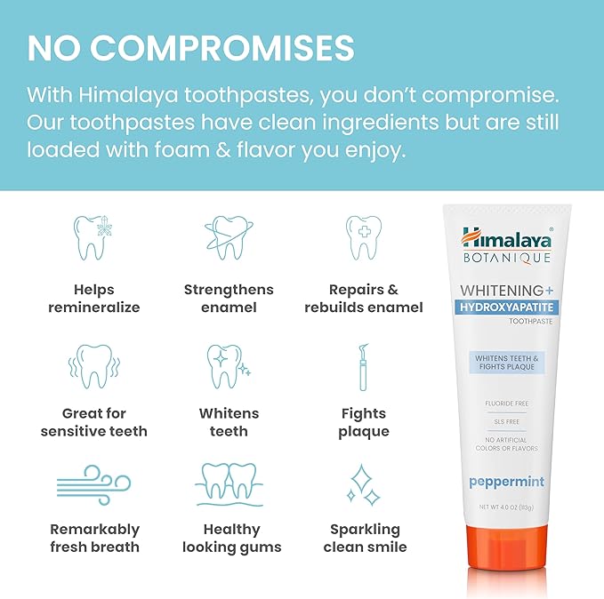 Himalaya Botanique Peppermint Whitening+ Hydroxyapatite (nHA) Toothpaste, Whiter Teeth & Fresher Breath with Hydroxyapatite Support & Peppermint Flavor, Fluoride Free, SLS Free, & Vegan, 4.0 oz (113g)