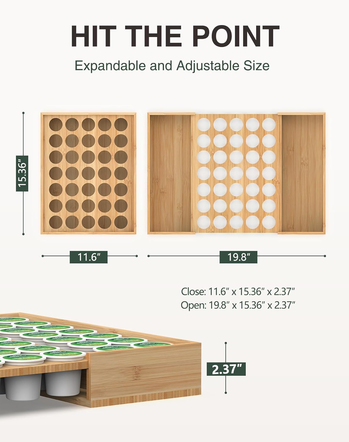 Larger Expandable Bamboo Coffee Pod Holder for Counter Drawer Display, 35 Pod Capacity, K-Cup Pods - Tea Bags Storage Organizer Holder (Bamboo)