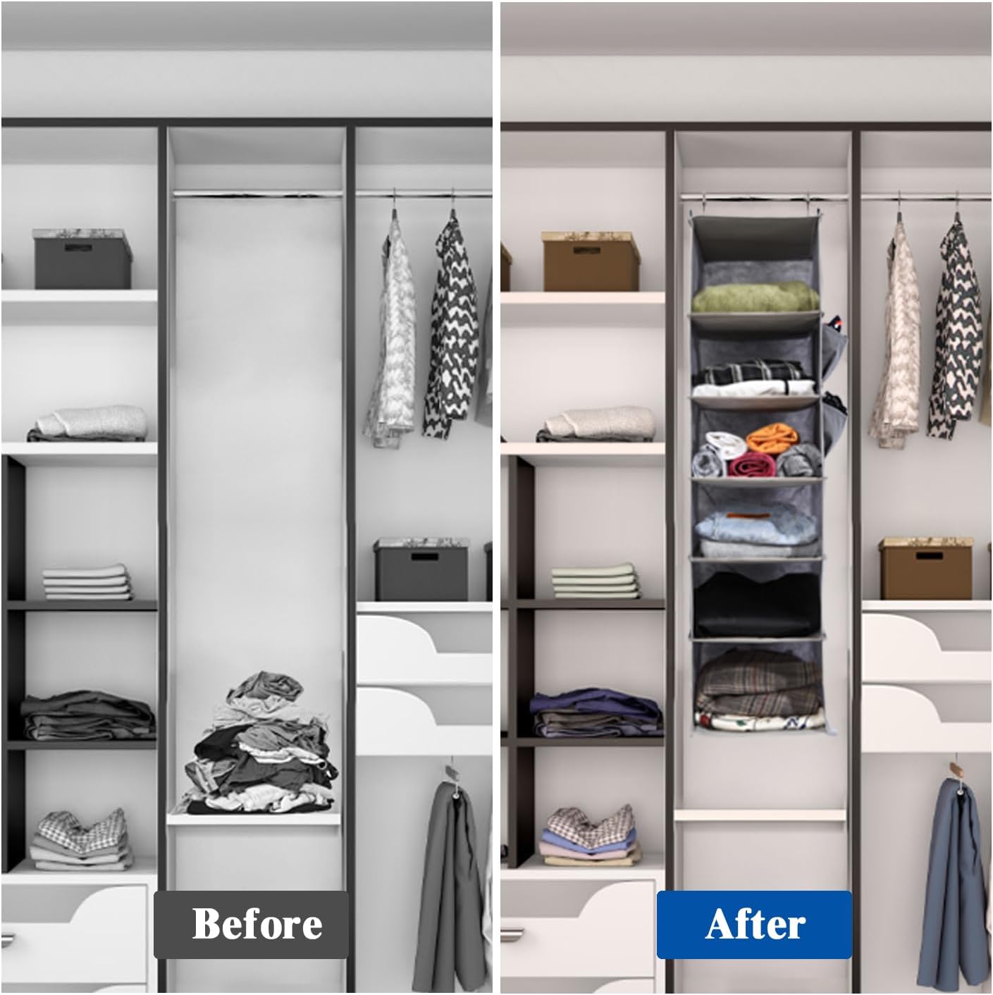 2 Packs Hanging Closet Organizer, 6-Shelf Closet Organizers and Storage with Side Pockets, Collapsible Hanging Shelves for Closet & RV & College Dorm,Beige