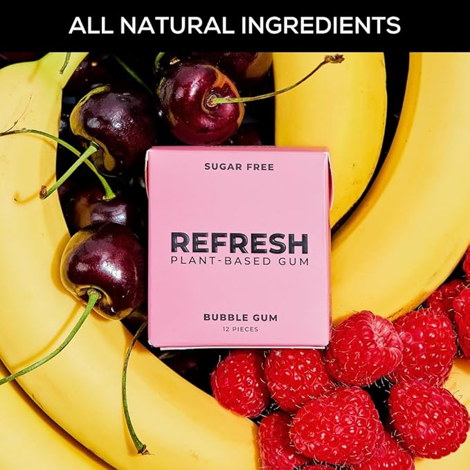 Refresh Gum, Xylitol, Sugar Free, Natural, Aspartame Free Chewing Gum, Natural Flavors & Organic Ingredients, Plant-Based, Non GMO, Gluten Free, Vegan, Peppermint, Bubble Gum & Peach, 12 Pcs, 6 Pack