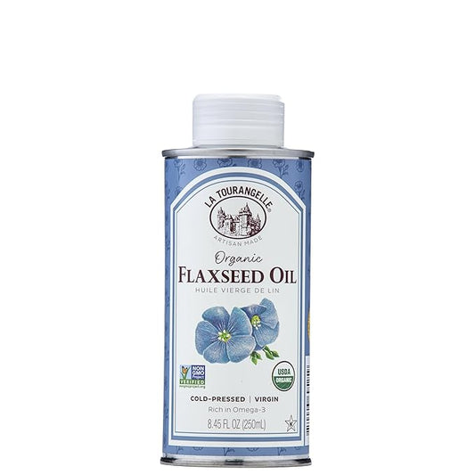 La Tourangelle, Organic Flaxseed Oil, Essential Omega-3 to Improve Heart Health, Vegan, Non-GMO, Gluten-Free, Kosher, Cast Iron Seasoning, 8.45 Fl Oz