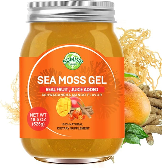 Sea Moss Gel, Raw Flavored Irish Seamoss Gel Immune and Digestive Support Vitamin Mineral Supplements, Ashwagandha Mango Flavor 18.5oz