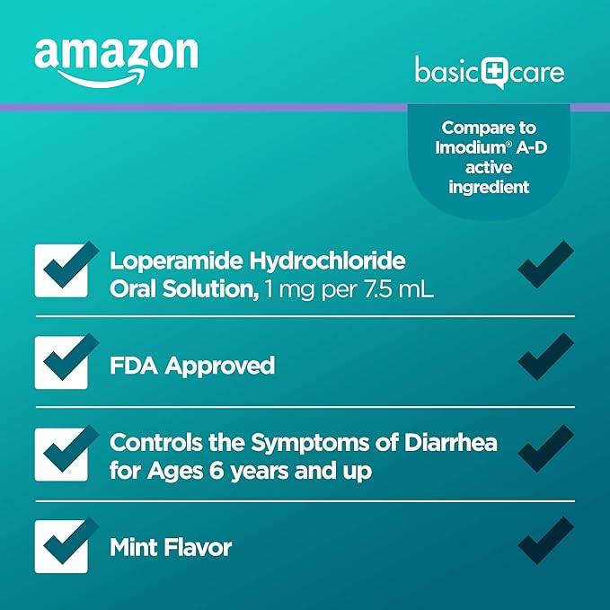 Amazon Basic Care Loperamide Hydrochloride Oral Solution, 1 mg per 7.5 mL, Mint Flavor, Anti-Diarrheal Medicine for Ages 6 Years and up, 4 fl oz (Pack of 1)