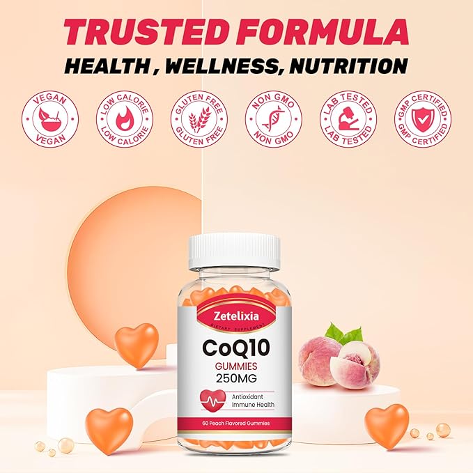 CoQ10 Gummies, 5X Better Absorption Coenzyme Q10 for Cellular Energy and Antioxidant Support, 60 Peach Gummies