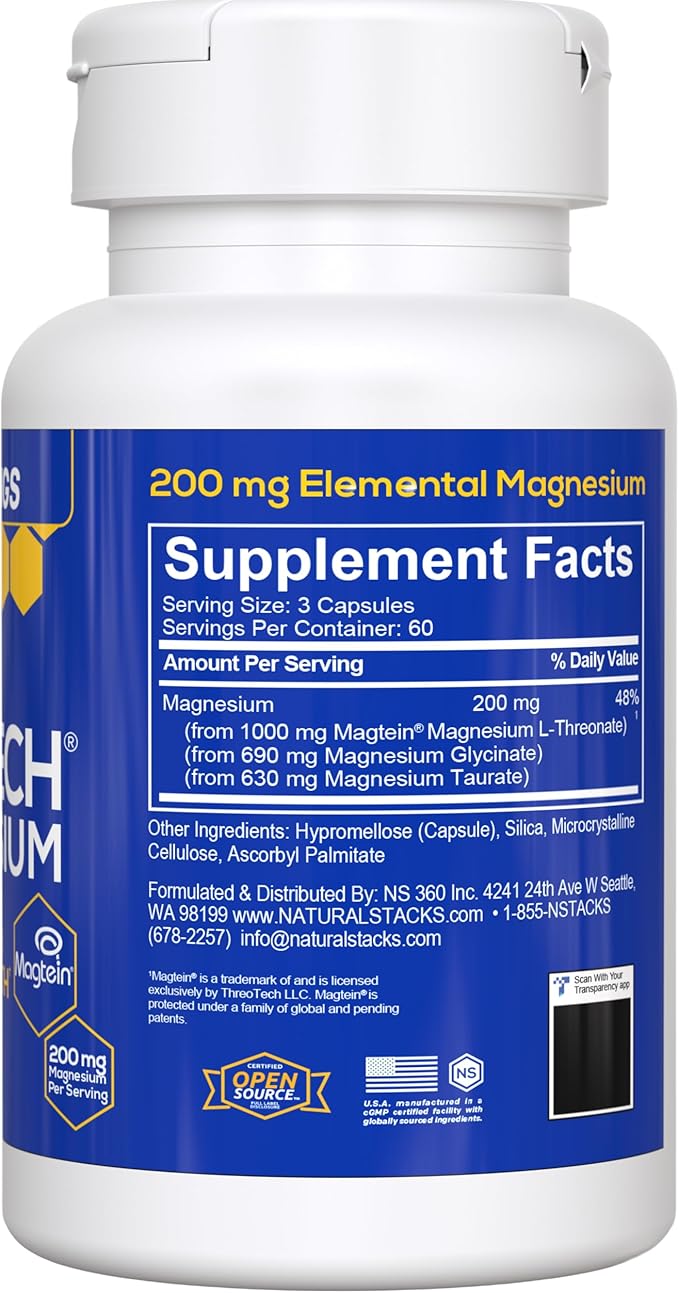 MagTech Magnesium Supplement - 3 Forms of Magnesium: Magtein L-Threonate, Glycinate & Taurate - 200mg Chelated Magnesium Complex - Supports Relaxation & Brain Health - 180 Capsules