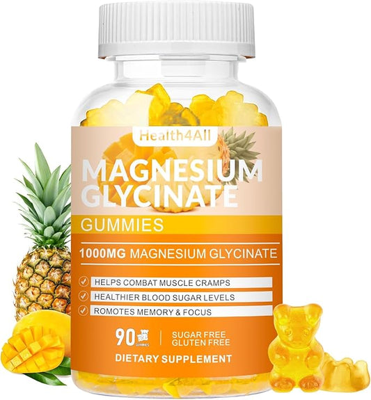 Magnesium Glycinate Gummies 1000mg, High Absorption Sugar Free Magnesium Potassium Supplement for Relaxation, Stress Relief, and Sleep Support for Adults & Kids - 90 Mango Pineapple Gummies
