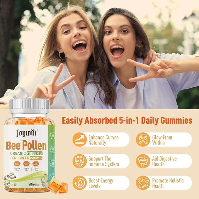 Bee Pollen 1000mg Sugar Free Gummies, w/Fenugreek, Royal Jelly, Propolis, Organic Bee Pollen Chewable Supplement for Women, Rich in Vitamin E, Immunity & Skin Care, 60 Counts