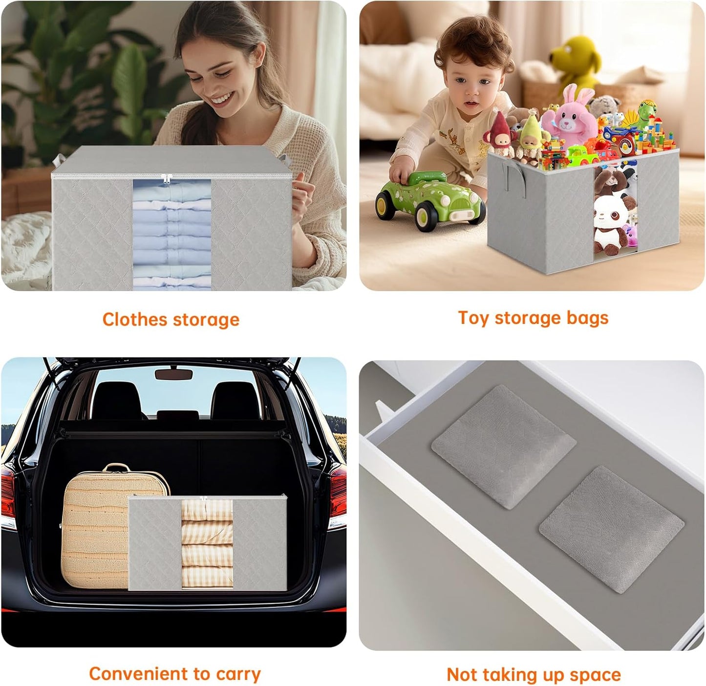 6 Pack Clothes Storage Bags - 90L Blanket Organizers and Storage for Closet Large Storage Bins with Lids and Zipper Storage Containers for King Comforter, Pillow and Sweater (Grey, 6 Pack)