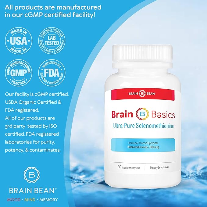 Brain Basics Ultra-Pure Selenomethionine - Proper Thyroid Function and Immune System Support - 200 mcg Most Bioavailable Selenium - 90 Servings
