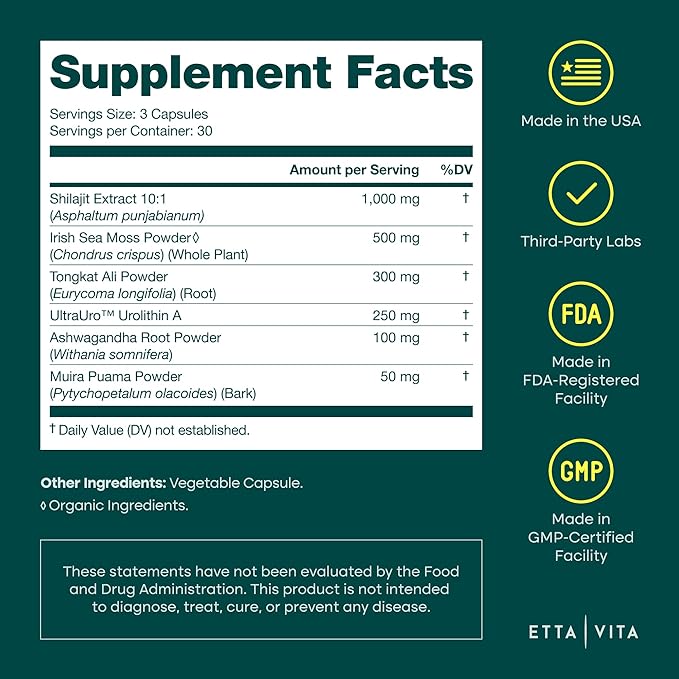 Anti-Aging Urolithin-A Complex with Shilajit, Organic Sea Moss, Ashwagandha, Tongkat Ali - Cellular Energy, Focus, Vitality, Hormonal & Mitochondria Support - Vegan Longevity Supplement (90 Capsules)