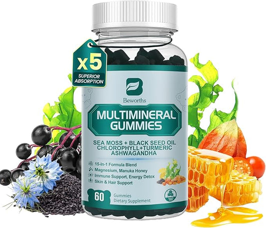 Sea Moss Black Seed Oil Ashwagandha Gummies, Irish Sea Moss Multimineral Supplement with Turmeric, Magnesium, Chlorophyll, Elderberry, Manuka Honey, Bladderwrack, Burdock Root, Vegan