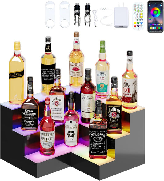 Dethan 3 Tier 20 Inch LED Lighted Liquor Bottle Display Shelf - Corner Wine Racks with Multi-Color App & Remote Control, Adjustable Brightness & Sound Modes, Acrylic Bar Shelves for Commercial Clubs