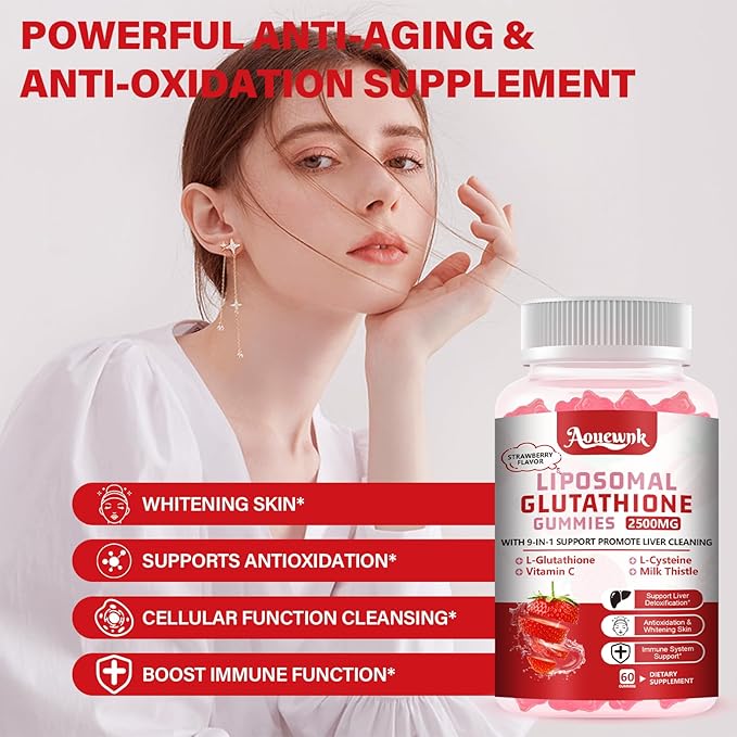 2500MG Liposomal Glutathione Gummies Supplement - Skin Whitening & Protect Liver Gummies, Increas 98% Absorption Rate, with L-Glutathione, Milk Thistle & L-Glycine, Antioxidant Anti-Aging Support