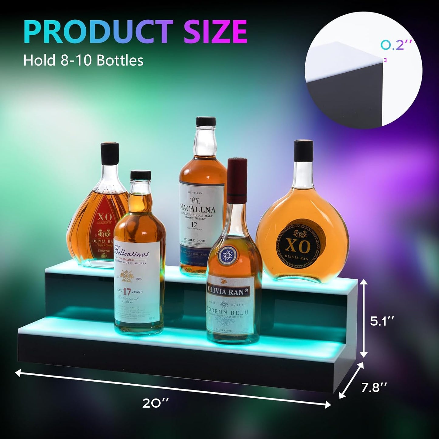 Led Lighted Liquor Bottle Display Shelf, 20 Inch 2 Tier Whiskey Rack, Support USB, Bar Stand with RF Remote & App Control, Illuminated Acrylic Lighting Shelves for Home Bar, Party