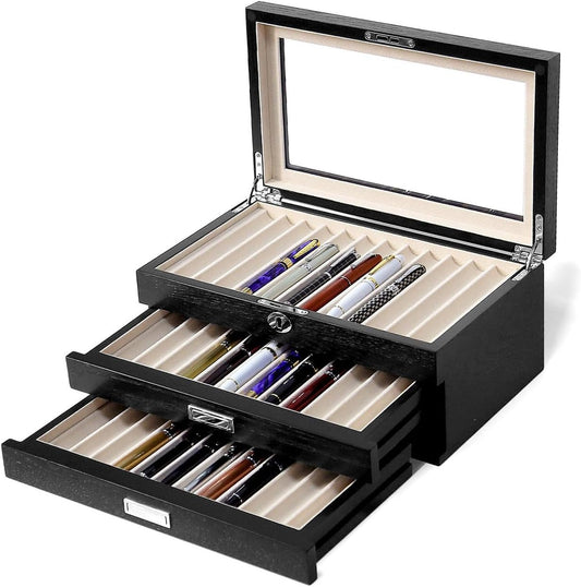 wood pen display case 36 slot Fountain pen Box storage Organizer with drawer, Top Glass Window Pen Collection Display Case