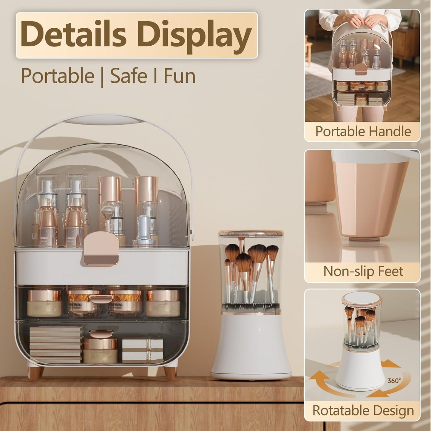 Makeup Organizer Countertop & Makeup Brush Holder with Lid 360 Rotating Clear Dustproof Skincare Holder for Vanity Bathroom Countertop, Ideal Gifts for Women, Transparent, Rose Gold