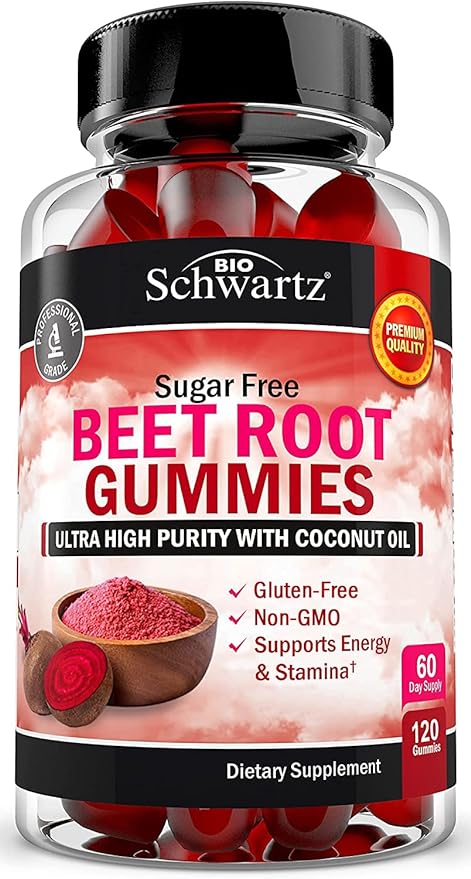 Sugar Free Beet Root Gummies - Nitric Oxide Gummies Infused with Coconut Oil for Highest Absorption - Supports Energy & Whole Body Health - Delicious Strawberry Flavor - 120 Count (60 Day Supply)