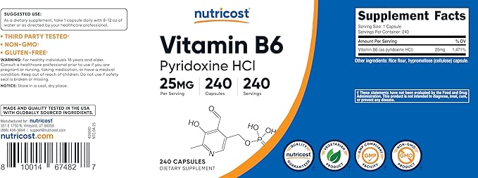 Nutricost Vitamin B6 (Pyridoxine HCl) 25mg, 240 Capsules - Non-GMO, Gluten Free and Vegetarian Friendly