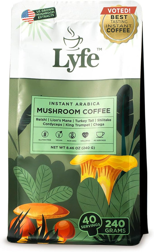 LYFE Organic Instant Mushroom Coffee – Lion’s Mane, Chaga, Cordyceps, Turkey Tail | USA Grown Adaptogenic Mushrooms for Better Energy, Focus, Gut Health, Immunity – 40 Servings