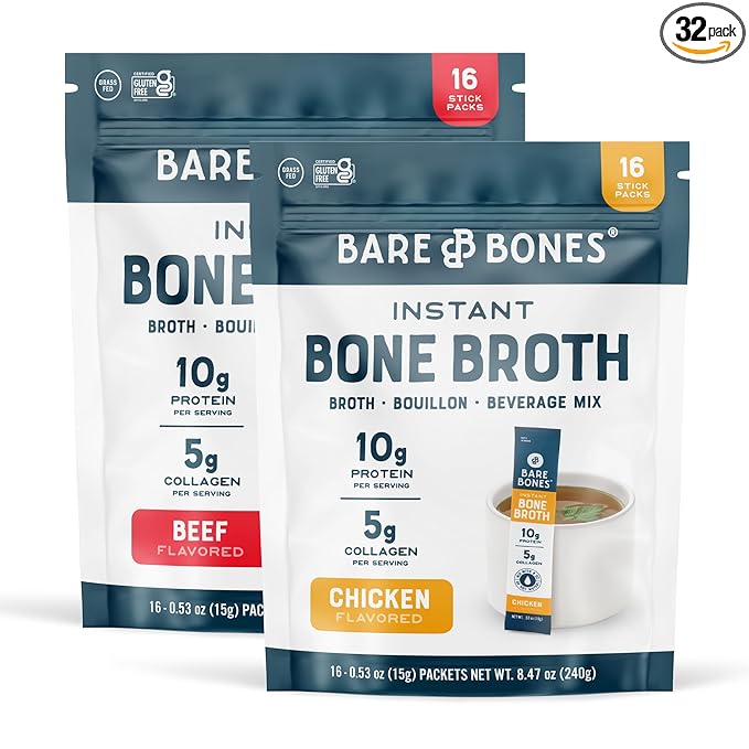 Bare Bones Bone Broth Instant Powdered Beverage Mix, Chicken & Beef, Variety Pack of 32, 16 Chicken & 16 Beef - 15g Sticks, 10g Protein, Keto & Paleo Friendly