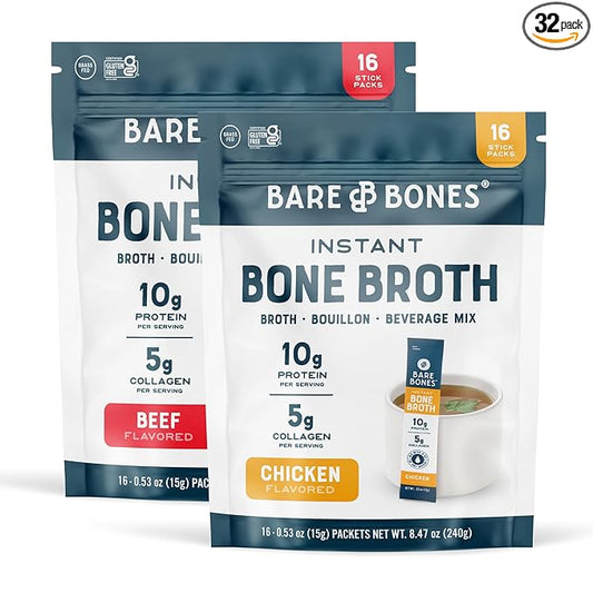 Bare Bones Bone Broth Instant Powdered Beverage Mix, Chicken & Beef, Variety Pack of 32, 16 Chicken & 16 Beef - 15g Sticks, 10g Protein, Keto & Paleo Friendly
