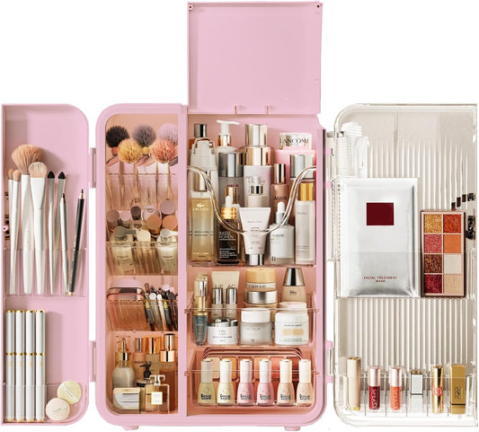 UAK Makeup Organizer with Drawers for Vanity, Cosmetic Display Case with Brush Holders, Storage for Skincare Countertop Bathroom (Pink)