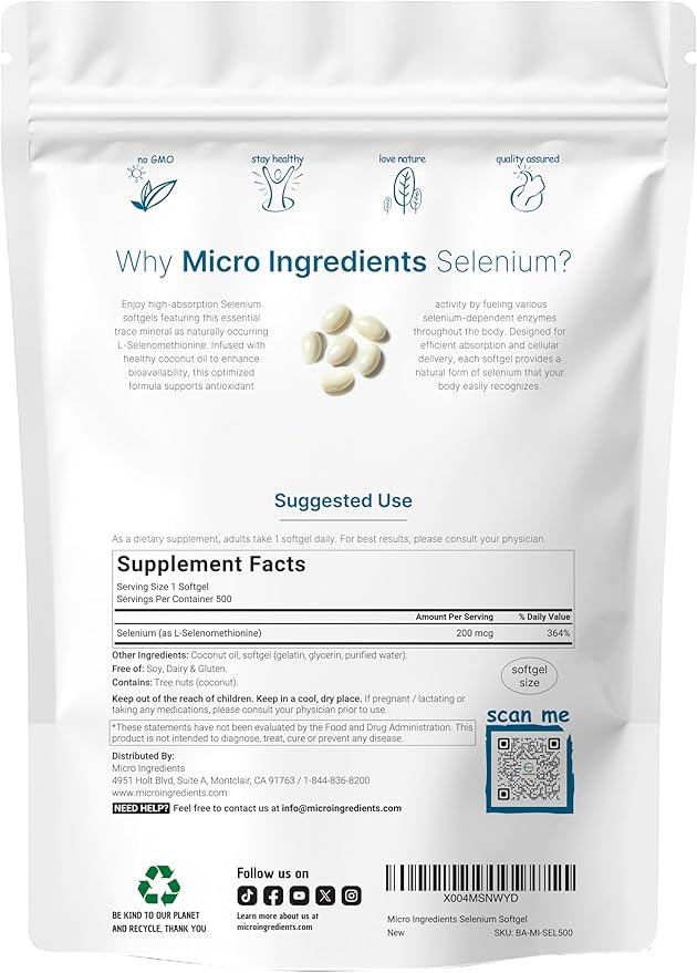 Micro Ingredients Selenium Supplements for Women & Men 200mcg, 500 Softgels with Coconut Oil | Essential Trace Mineral as Selenomethionine | Antioxidant for Energy, Heart, & Immune Support