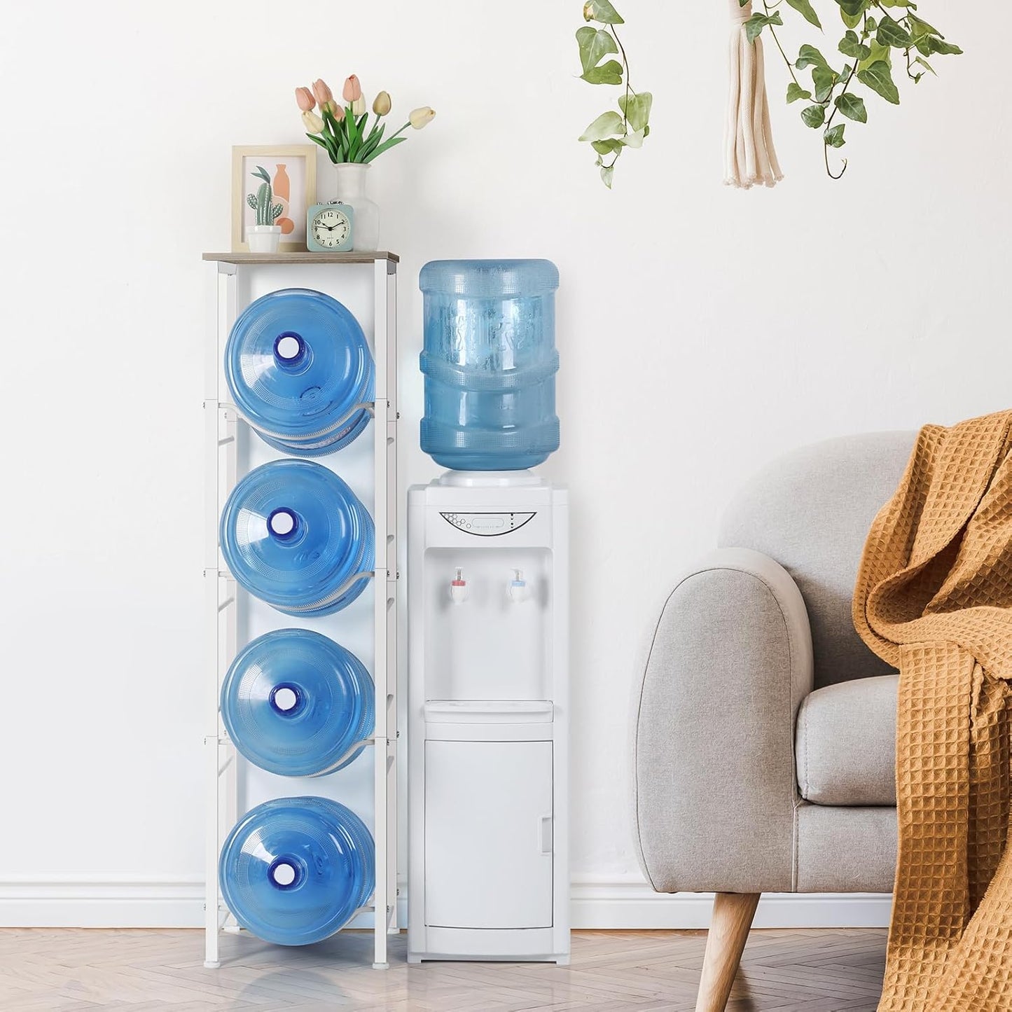 Smusei 5 Gallon Water Bottle Holder - 4 Tier Heavy Duty Water Jug Rack with Top Shelf, Detachable Dispenser Stand Organizer