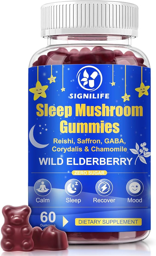 Sleep Mushroom Gummies with Reishi & Lions Mane -Natural Sleep Aid & Relaxation Supplement, Wild Elderberry Flavor, Non-GMO, No Sugar, 60 Count