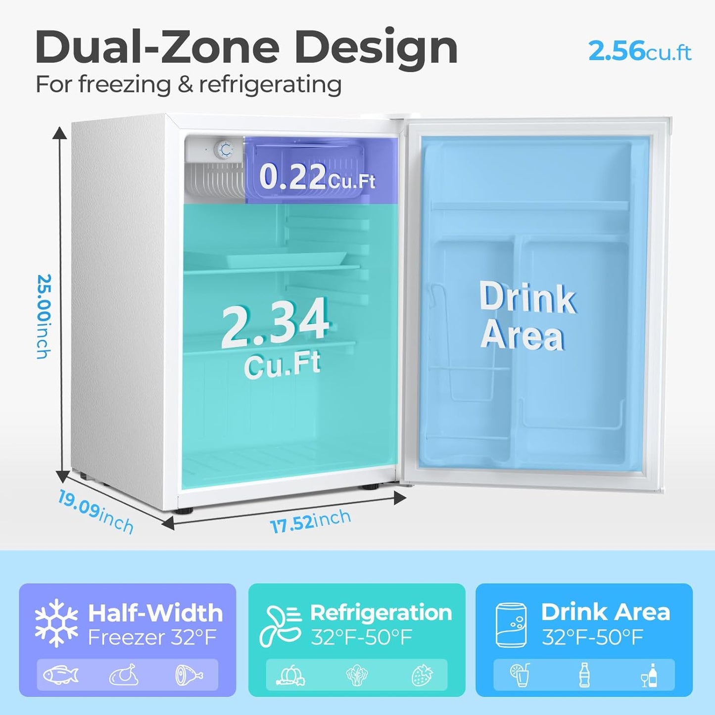 Antarctic Star 2.56 Cu.Ft. Mini Fridge with Freezer, Small Refrigerators with Adjustable Thermostat, Low Noise, Energy Saving, Compact Refrigerators for College Dorm, Office, Bedroom, Apartment, White
