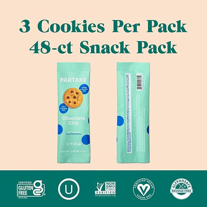 Partake Gluten Free Soft Baked Chocolate Chip Cookies - Vegan - Free From the Top 9 Allergens Including Dairy, Wheat, Soy, Eggs, & Peanuts - Non GMO - Safe School & Office Snack (48 Packs, 1.09 oz)