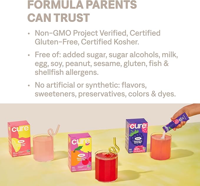 Cure Hydration - Kids Electrolyte Drink Mix | Plant-Based Pediatrician Formulated Rehydration | No Added Sugar, Non-GMO, Gluten-Free, No Artificial Flavors | 15 Packets - Variety Pack
