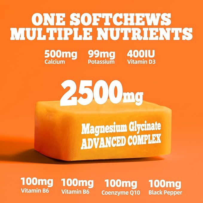 Magnesium Glycinate Soft Chews, Orange Flavor.Chewable Sugar Free Potassium Magnesium Chews with Magnesium Glycinate, Vitamin D, B6, and CoQ10 for Calm Support & Sleep for Adults, 60 Days Supply