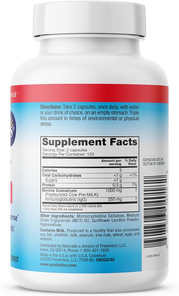 Symbiotics Colostrum 240ct Vegetable Capsules - Immunity Support - Lactoferrin Supplement & Colostrum Protein with Immunoglobulin - 25% lgG Antibodies - Gluten Free