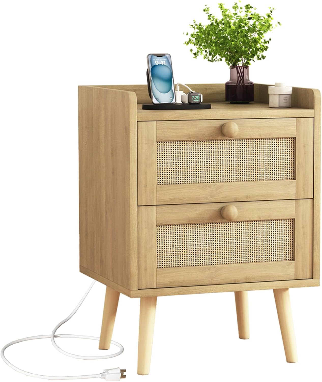 Rattan Nightstand with Charging Station, Mid Century Modern Bedside Side Table with 2 Drawers, Boho End Table with Wood Legs for Bedroom Natural Night Stand for Living Room