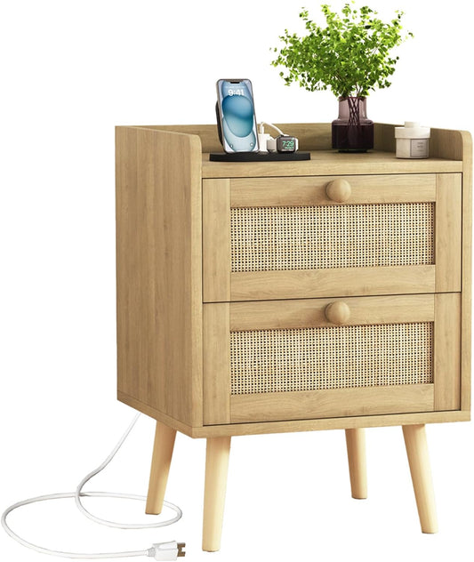 Rattan Nightstand with Charging Station, Mid Century Modern Bedside Side Table with 2 Drawers, Boho End Table with Wood Legs for Bedroom Natural Night Stand for Living Room