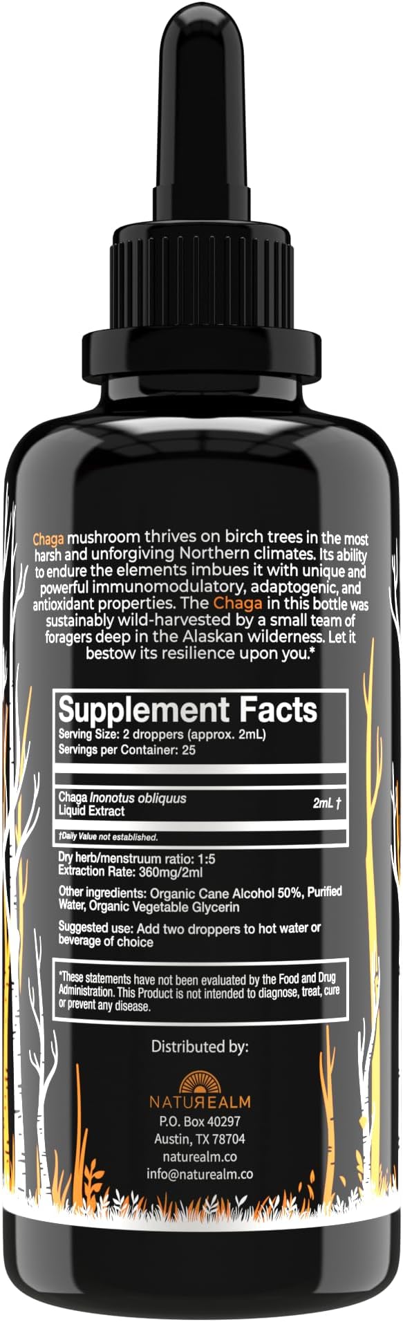 Naturealm Chaga Mushroom Liquid Tincture Supplement – Immune Support, Antioxidant Boost & Hair, Skin, Nail Health, Vegan, Non-GMO – Wild-Harvested Fruiting Bodies, 1 Month Supply