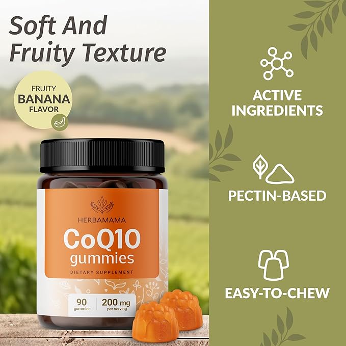 HERBAMAMA CoQ10 Gummies - 200mg Coenzyme Q10 for Antioxidant Support - Vegan, Non-GMO Daily Energy Support Supplement - 90 Pectin-Based Banana-Flavored Chews
