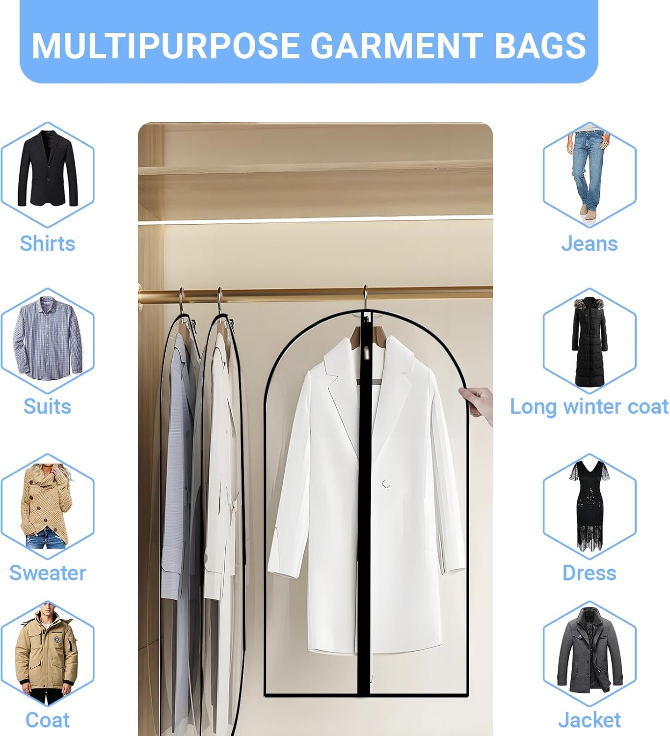 Garment Bags for Hanging Clothes 24'' x 60'' (Set of 12) Coat Covers for Closet Foldable Washable Dress Bags for Hanging Clothes for Long Dress Dance Costumes Suits Gowns Coats