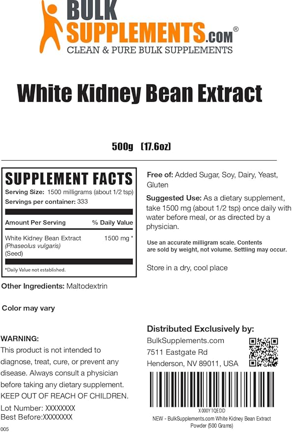 BulkSupplements.com White Kidney Bean Extract Powder - White Kidney Bean Powder - Herbal Supplement - Gluten Free, 1.5g per Serving, 500g (1.1 lbs) (Pack of 1)