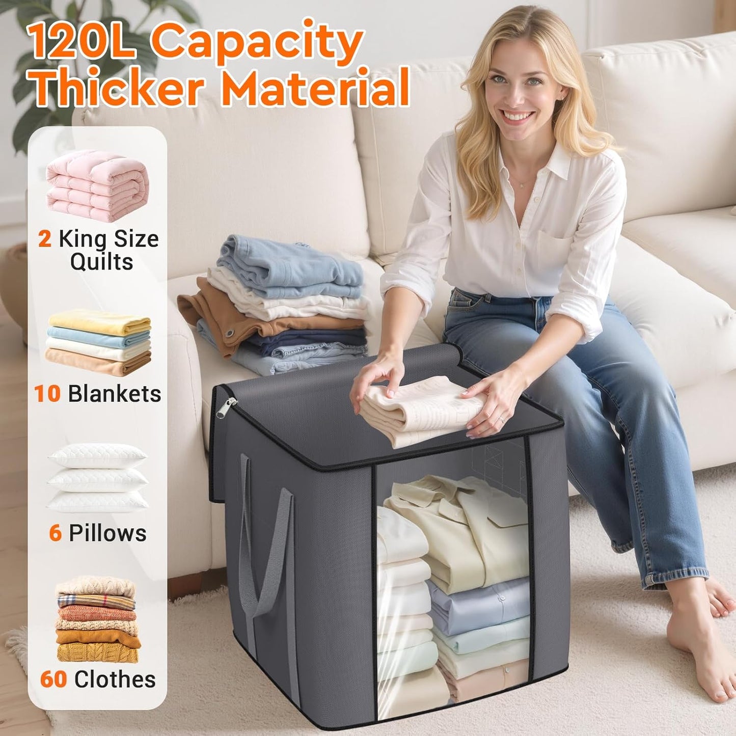 120L Extra Large Clothes Storage Bags, Foldable Blanket Storage and Organization, Thick Fabric Containers with Reinforced Handles & Zippers for Clothing, Comforters, Bedding, Gray, 6 Pack