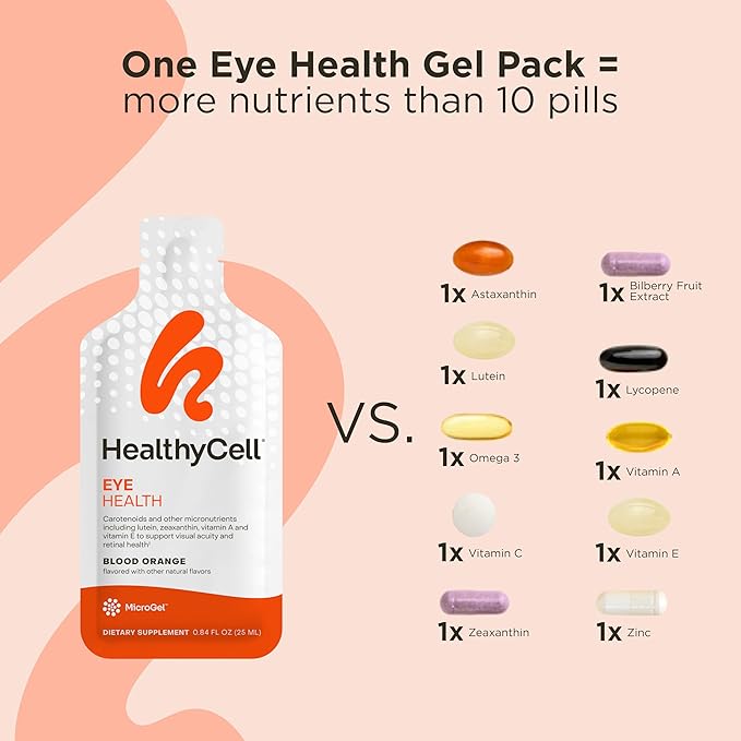Healthycell Eye Health Daily Liquid Supplement - Eye Vitamins & Minerals with Lutein, Zeaxanthin, Astaxanthin & Beta Carotene for Sight Care & Macular Support - 30 Gel Packs