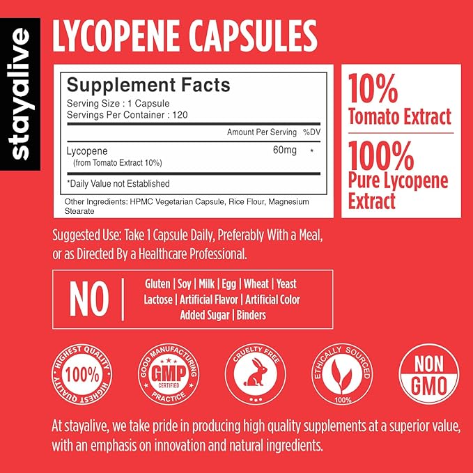 STAY ALIVE Lycopene Supplement for Men 60mg, Natural Tomato Extract Powder, 120 Capsules with 4 Months Supply, 100% Veg Lycopene Complex, Non-GMO and Gluten Free Carotenoid Supplement
