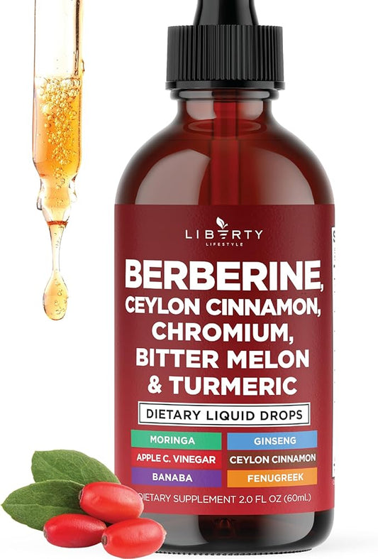 Berberine with Ceylon Cinnamon Supplement Liquid Drops + Bitter Melon Extract, Glucomannan, Gymnema, Chromium, Turmeric, Panax Ginseng, Moringa- 2 OZ