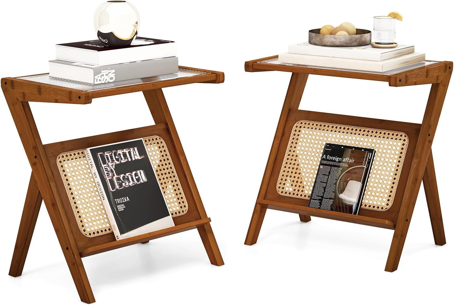 Giantex Rattan Side Table, Boho Nightstand with Glass Top & Magazine Rack, End Table with Storage, Bamboo Bedside Table for Small Space Living Room Bedroom (2, Walnut)