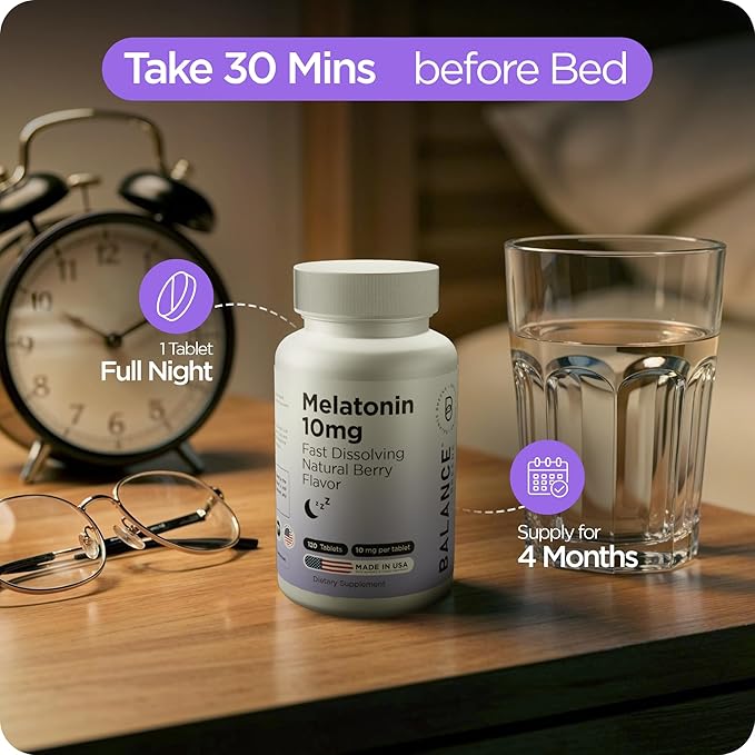 Balancebreens Melatonin 10mg Fast-Dissolve, 120 Tablets – Natural Sleep Aid for Restful Nights, Drug-Free Support for Relaxation and Tranquility