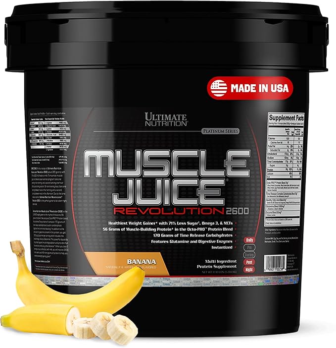Ultimate Nutrition Muscle Juice 2600 Revolution, Weight Gain Drink Mix - Mass Gainer Workout Powder Supplement for Lean Muscle Growth & Recovery with 56g Protein Blend - Banana, 11.105lb