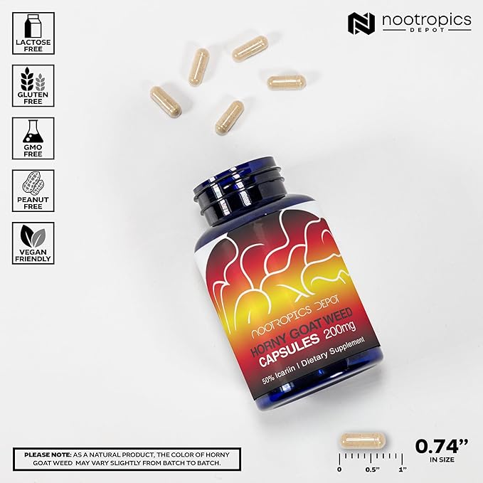 Nootropics Depot Horny Goat Weed Capsules | 200mg | 90 Count | Minimum 50% Icariin | Epimedium brevicornum
