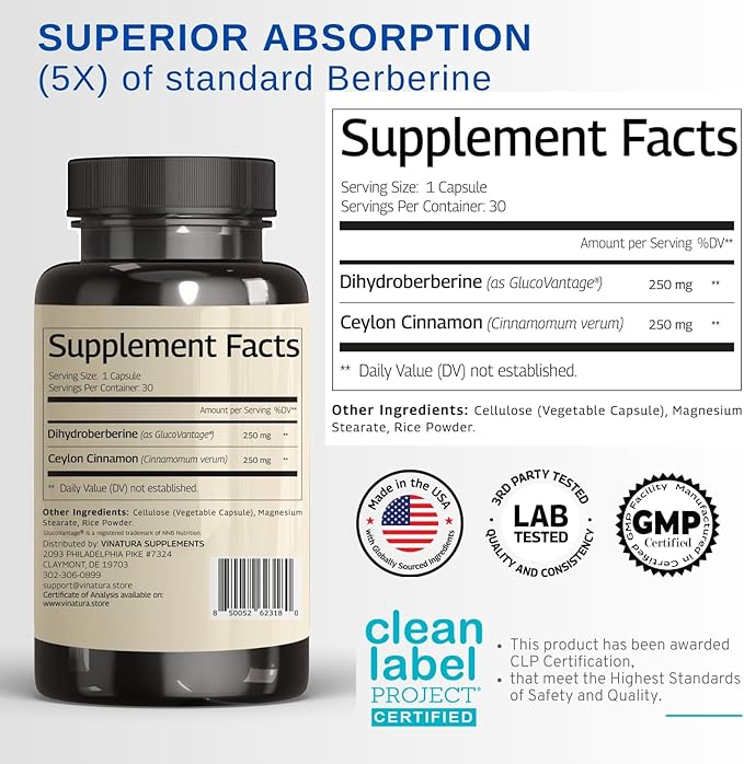 Dihydroberberine Supplement with Ceylon Cinnamon, 500mg - (Patented GlucoVantage Super Berberine), Maybe Berberine 5X More absorbable - 30 Capsules