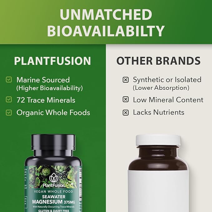 PlantFusion Vegan Magnesium Complex 375mg from Sea Water, Bioavailable Marine Magnesium with Fermented Organic Whole Food Blend, Non-GMO, Muscle & Relaxation Support, 60 Cap